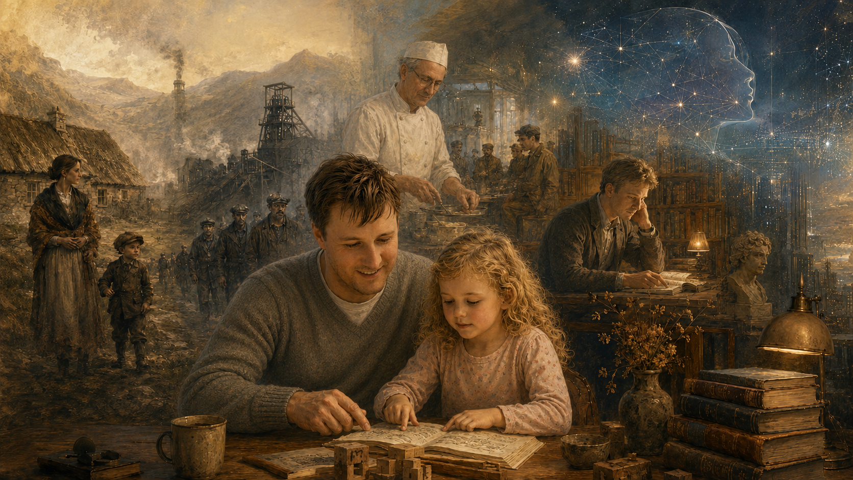 Generational education scene moving from industrial labor and family instruction toward liberal study and AI-era imagination.