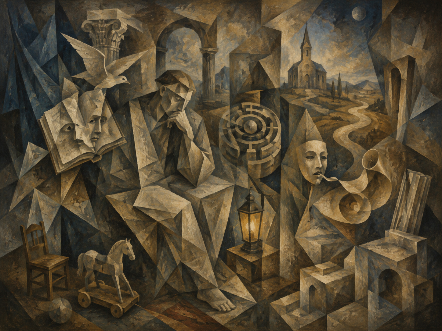 Cubist allegory of books, masks, rhetoric, a church, and a winding path.