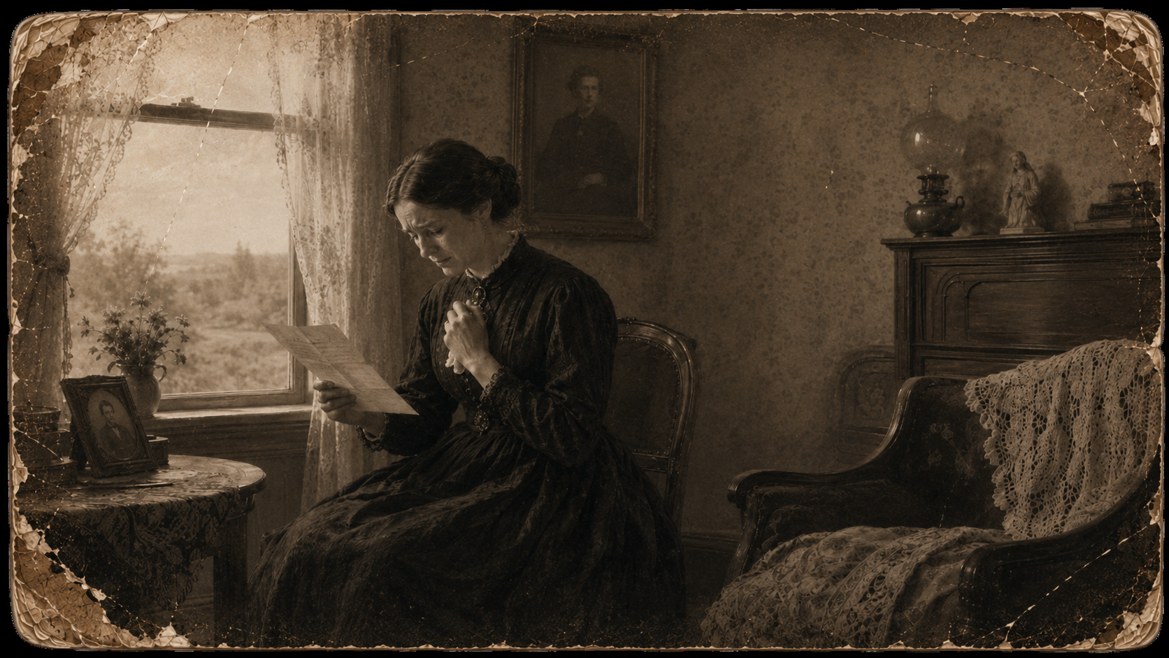 A nineteenth-century woman in mourning reads a letter in a sepia parlor, with portraits and keepsakes nearby.