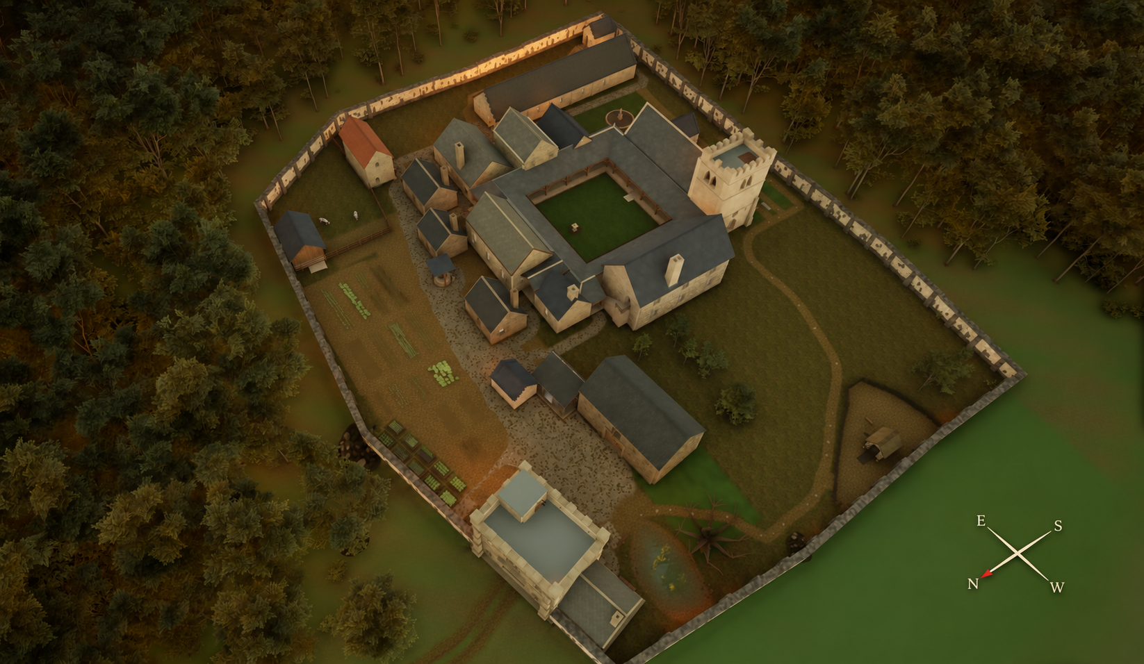 An overhead view of the modelled Priory of Saint Cuthbert at Alderbeck, enclosed by walls and woodland.