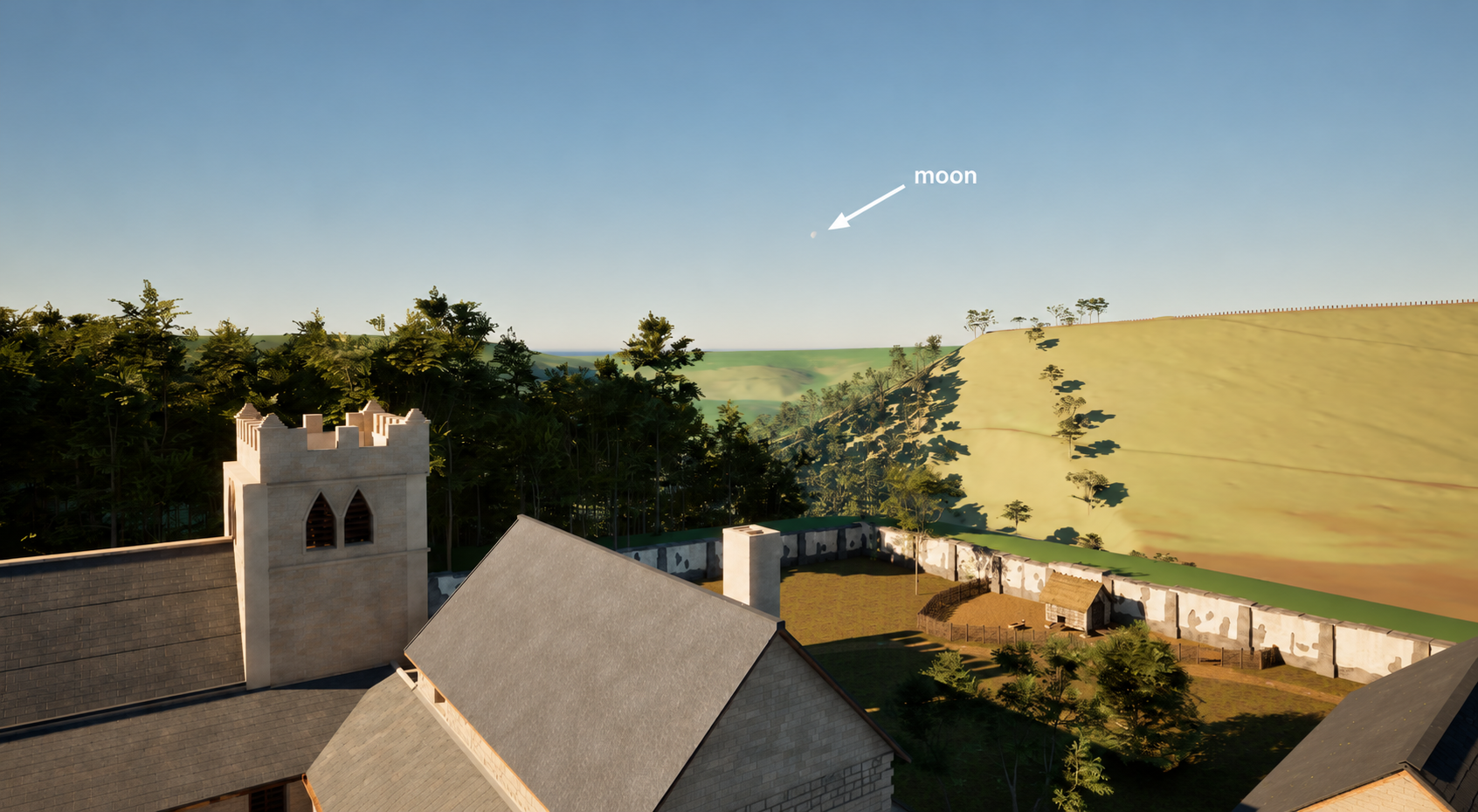 The priory and surrounding valley in daylight, with an arrow marking the moon above the rooftops.