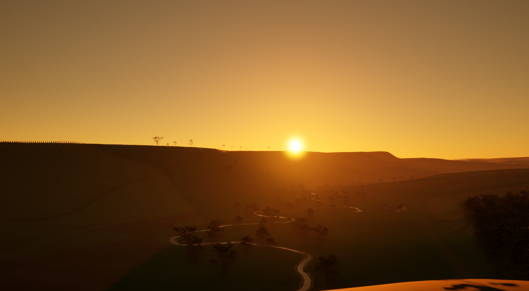 The modelled sun at the horizon above the valley and its winding stream.