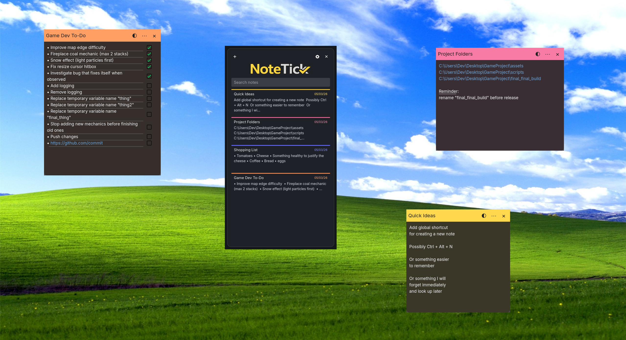 NoteTick running on a desktop with several notes open at once.