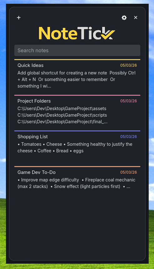 The main NoteTick window showing multiple notes and search.
